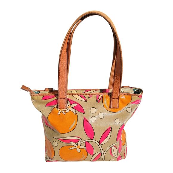 Vintage Fossil Key-Per Coated Canvas Fun Tan and Pink Print Medium Stachel Clean - Picture 2 of 13